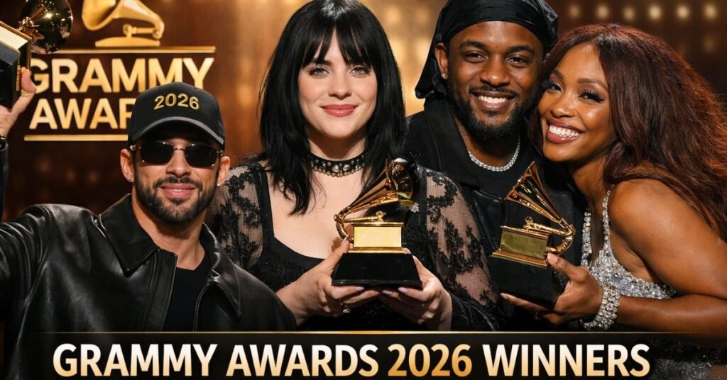 Grammy Awards 2026 winners posing on stage in Los Angeles, holding Grammy trophies under golden lights during the annual music awards ceremony.