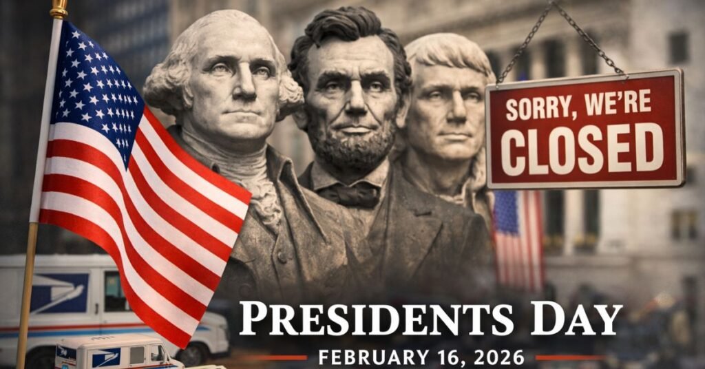 Presidents Day 2026 illustration showing U.S. flag, historic presidential busts, closed sign, and mail delivery imagery.