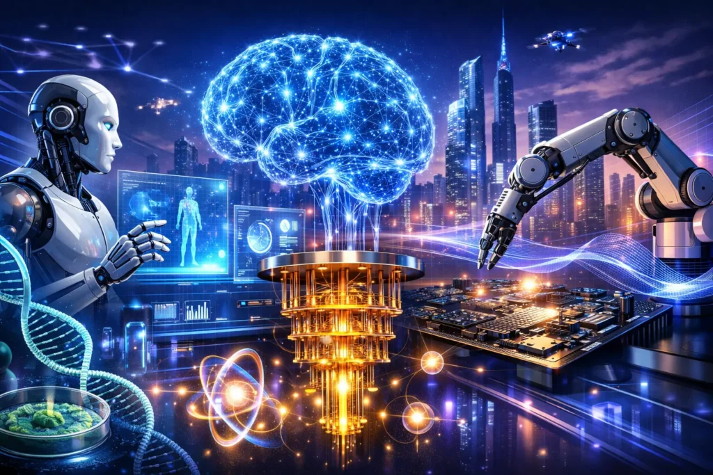 Emerging technologies concept illustration showing AI, robotics, quantum computing, and digital innovation in 2026.