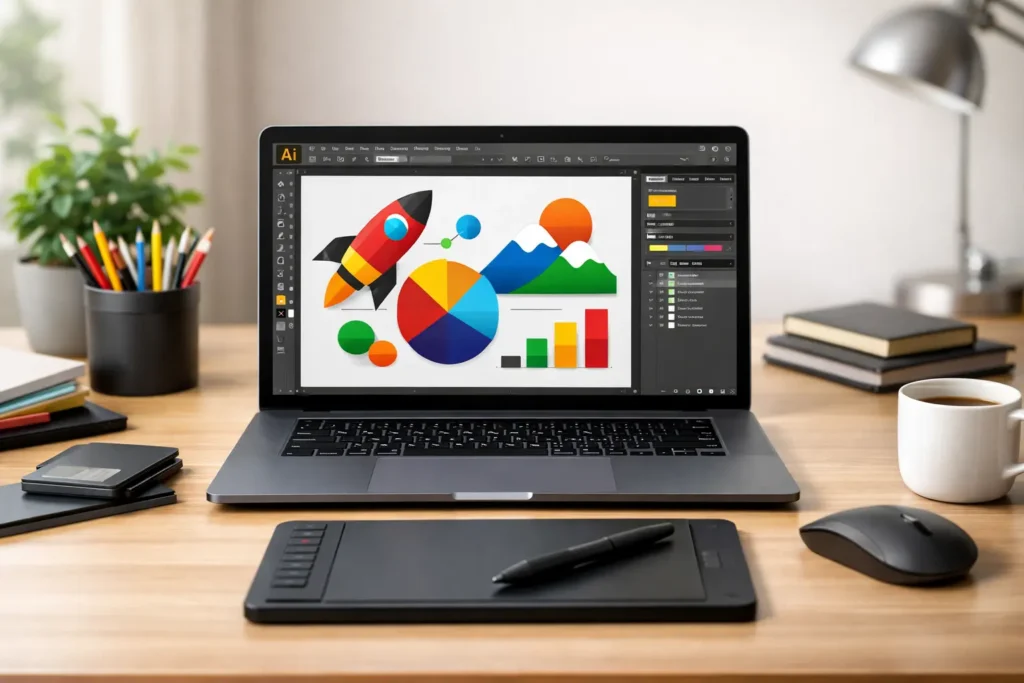 AI file format open in Adobe Illustrator on laptop with colorful vector design workspace