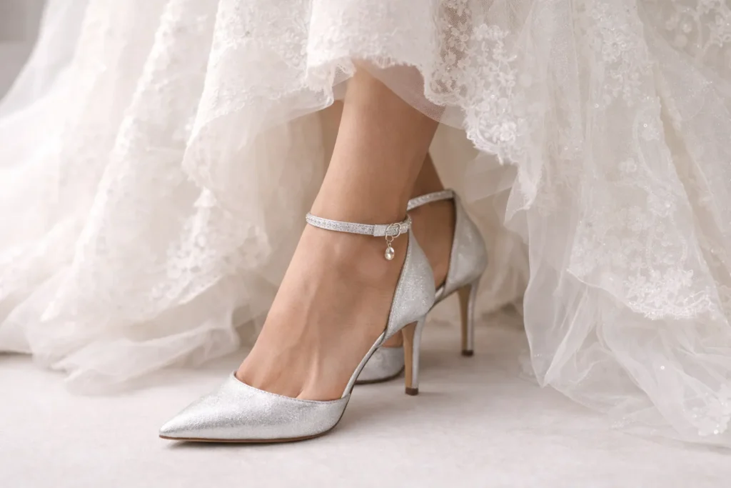 Bride wearing sparkling silver sandals under a wedding gown