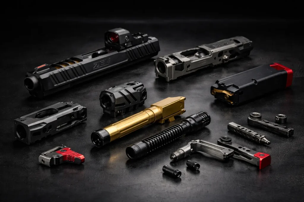 Zev Technologies luxury firearm and premium gun parts displayed in a high-end studio setting.