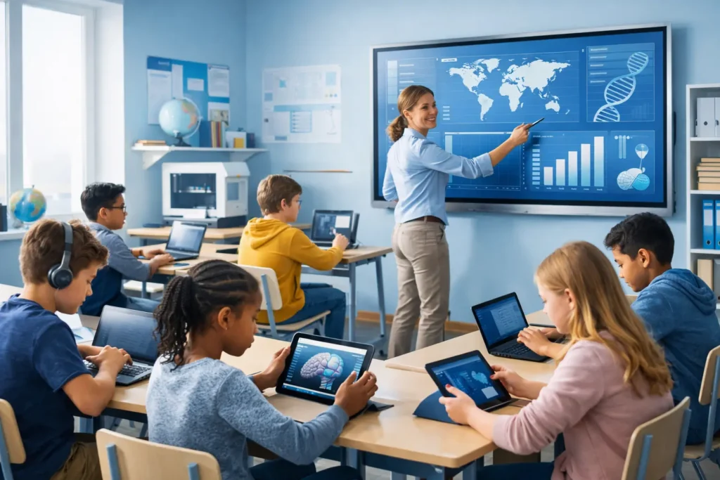 Students and teacher using digital devices in a modern classroom demonstrating the impact of technology in education.