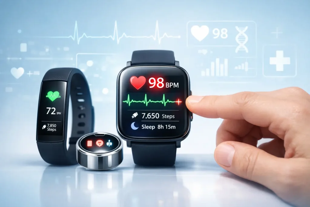 Technology wearables including smartwatch and fitness tracker displaying health data and heart rate monitoring