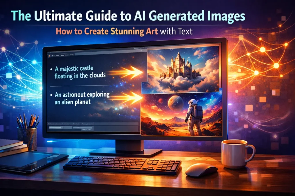 AI generated images being created from text prompts on a computer screen with colorful digital artwork