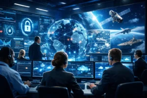 General Dynamics Information Technology GDIT cybersecurity experts managing mission-critical government defense systems in advanced command center