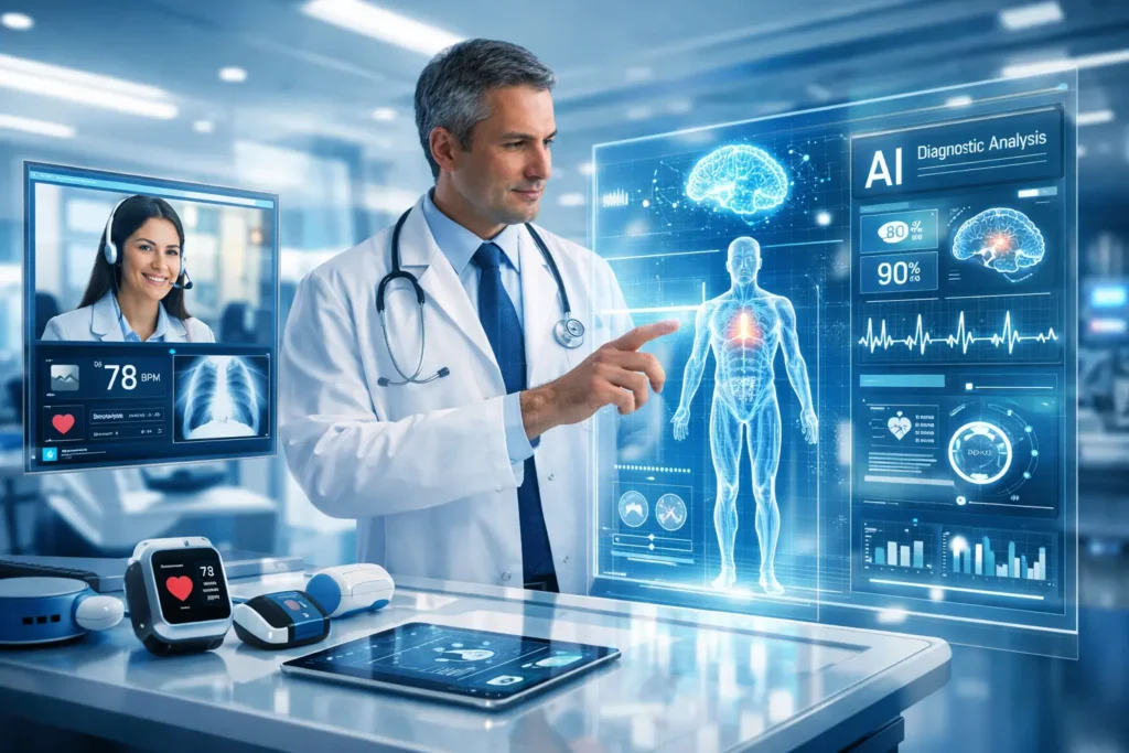 Technology in healthcare concept showing a doctor interacting with digital medical data, AI diagnostics, telemedicine screens, and futuristic healthcare technology interface.
