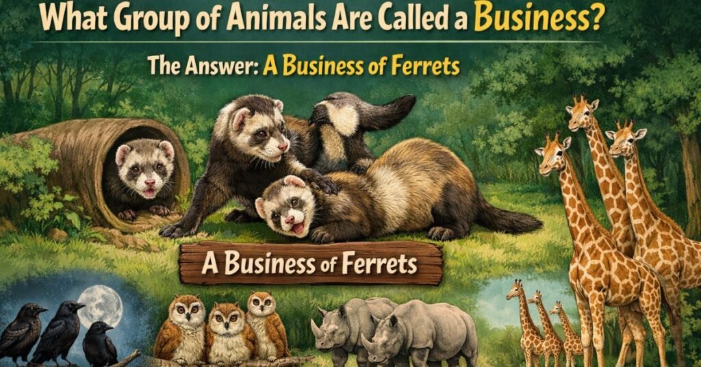 “Illustration showing a business of ferrets with other animal group names like murder of crows and parliament of owls.”