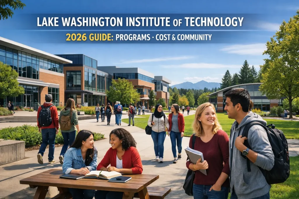 Students walking on campus at Lake Washington Institute of Technology for the LWTech 2026 guide highlighting programs, cost, and student community.