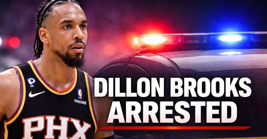 Dillon Brooks Phoenix Suns forward featured image following arrest in Phoenix on suspicion of DUI with police lights in background