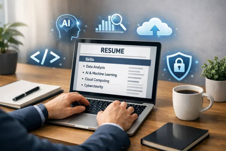 Technology skills for resumes displayed on a laptop screen with icons representing AI, coding, cloud computing, and data analytics.