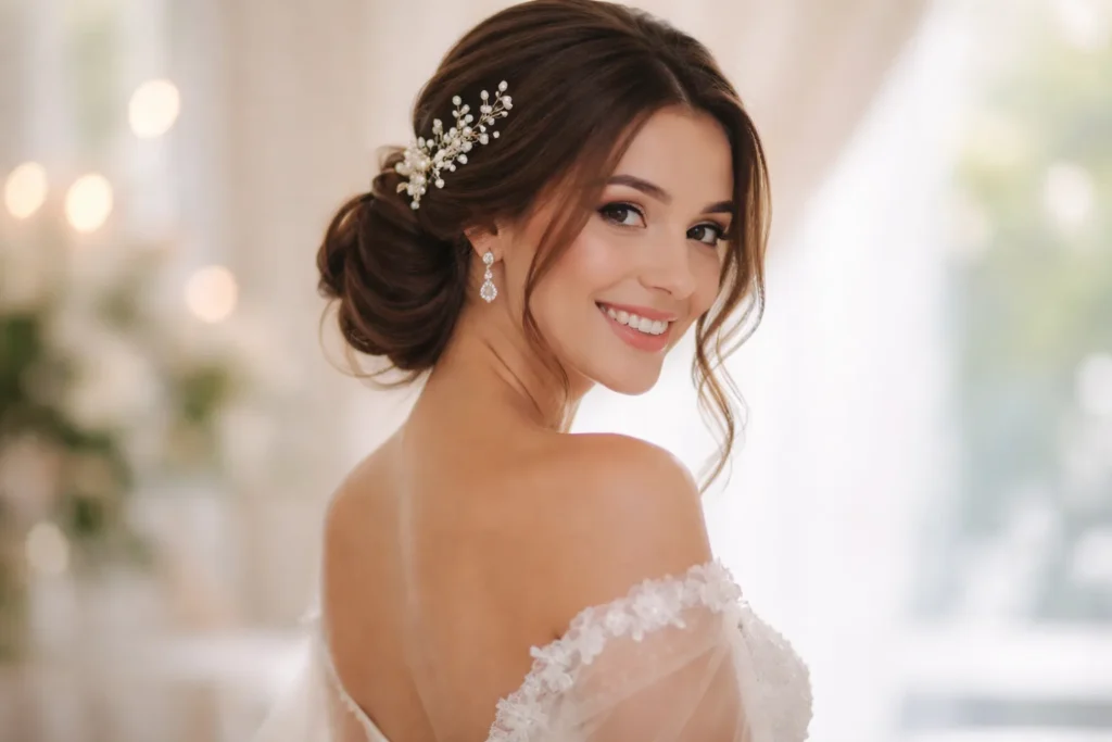 Bride with long brunette hair in a romantic, low chignon adorned with a pearl hairpiece, smiling over her shoulder