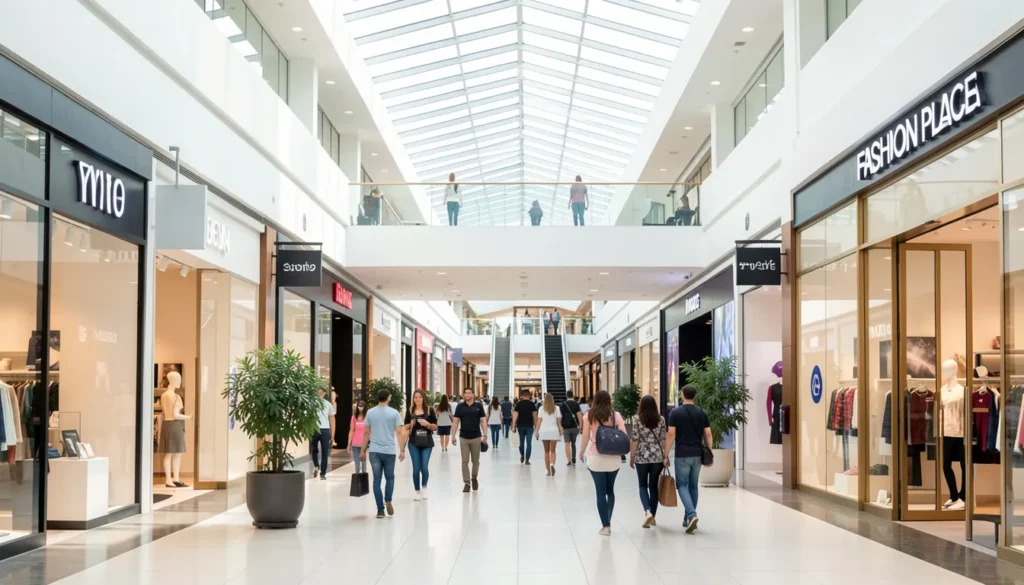 The bright, modern interior of Fashion Place mall, with shoppers walking along the main concourse