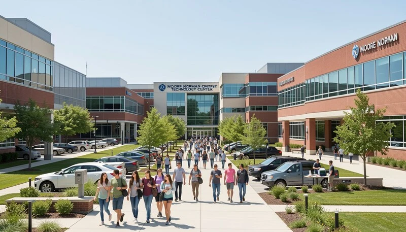 Students walking on the campus of Moore Norman Technology Center (MNTC) highlighting career and technical education opportunities.