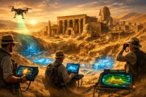 Modern technology revealing a lost ancient Egyptian city with buried ruins and digital scanning tools