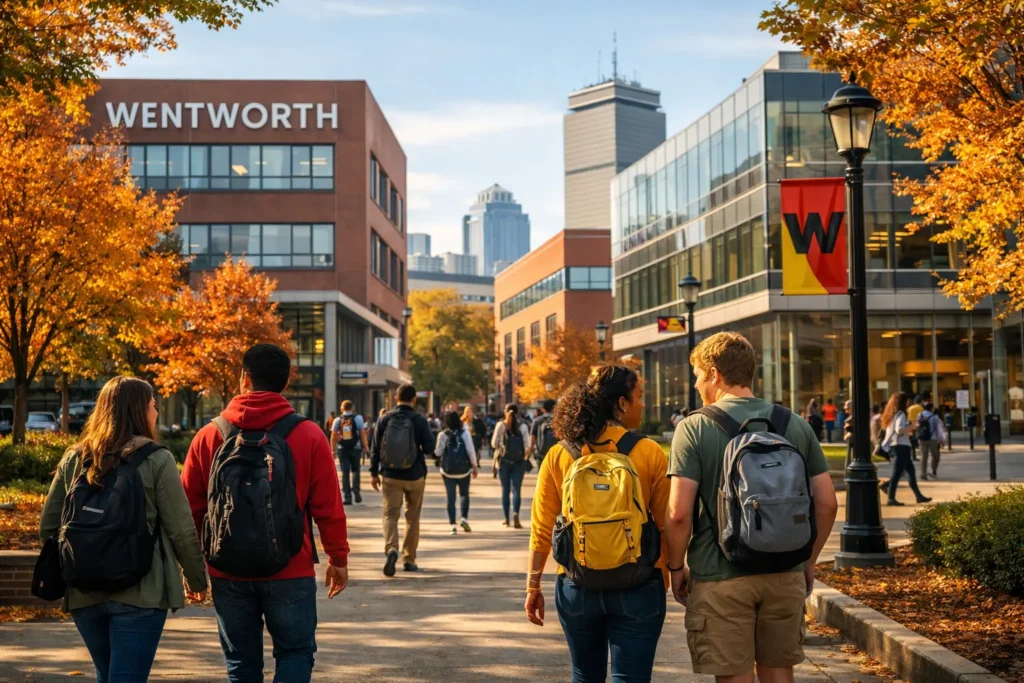 Wentworth Institute of Technology acceptance rate campus view with students walking between academic buildings