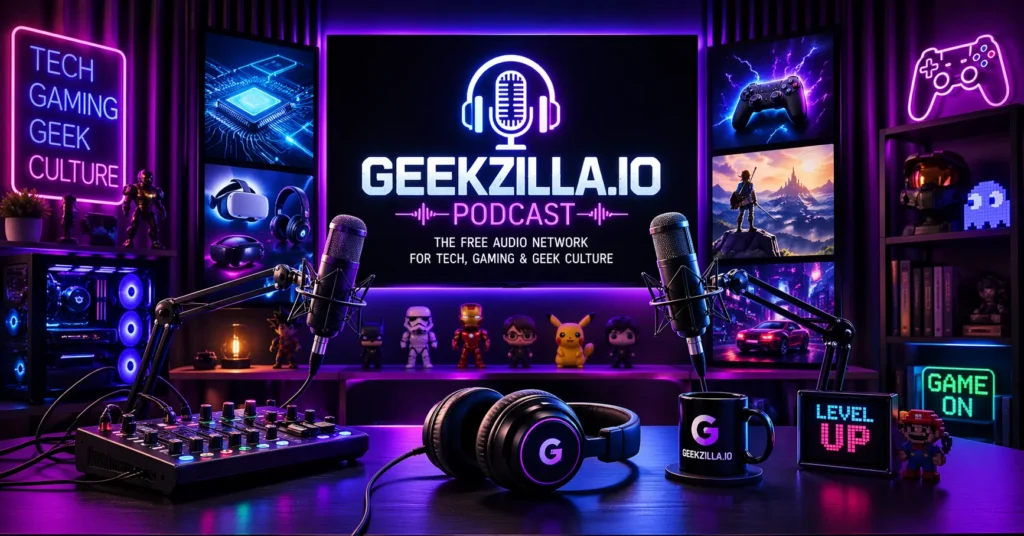 Geekzilla.io Podcast futuristic studio setup with microphones, headphones, and digital screens representing tech, gaming, and geek culture