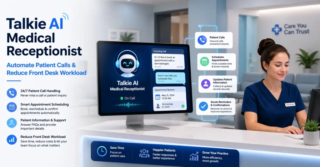 Talkie AI Medical Receptionist automating patient calls and reducing front desk workload in a modern clinic