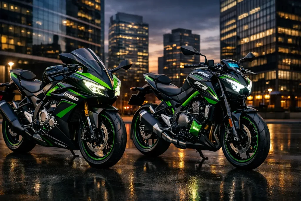 Kawasaki hybrid motorcycle technology featured in Ninja 7 Hybrid and Z7 Hybrid with futuristic design and electric components