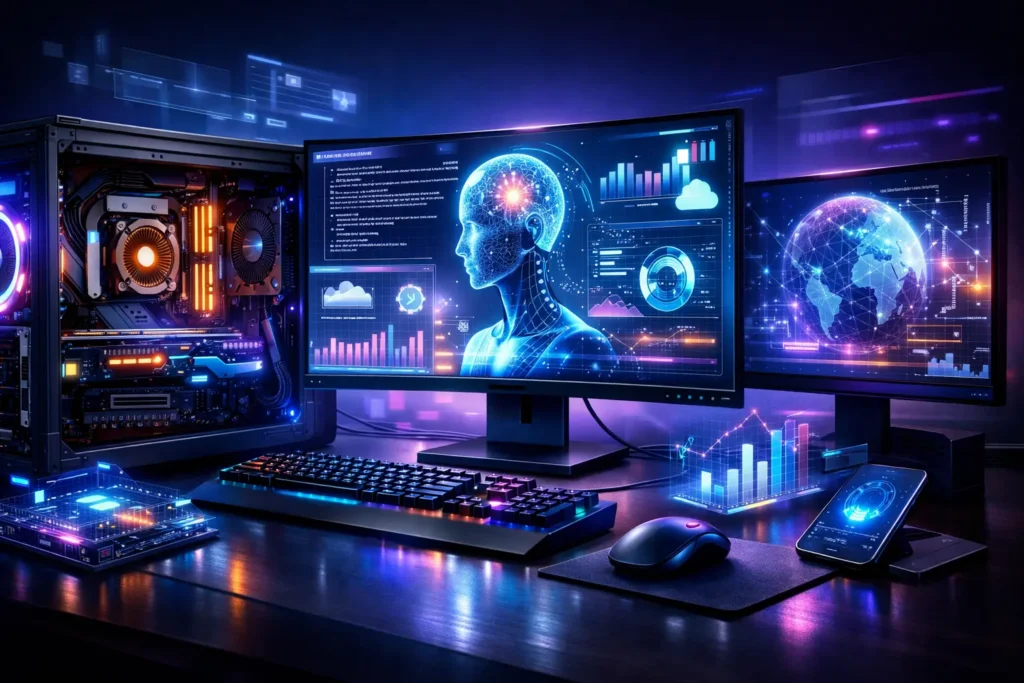 Technology in computers concept showing hardware components, software interface, and futuristic digital innovation