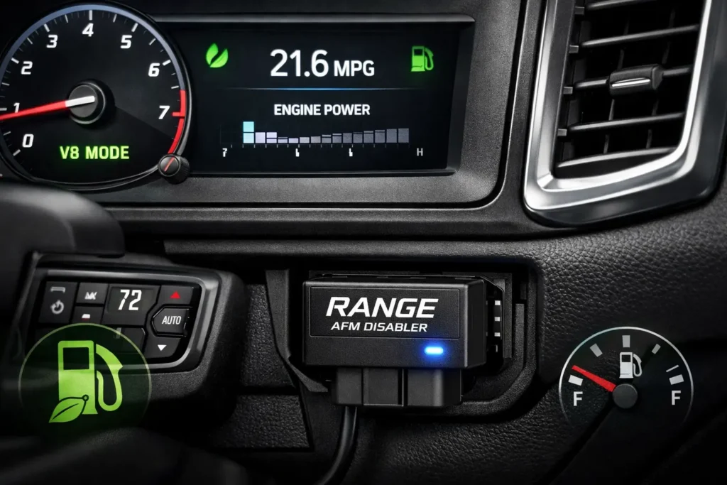 Range Technology AFM Disabler review device plugged into OBD-II port improving fuel efficiency and engine performance