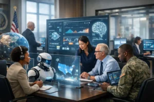 GSA Artificial Intelligence Automation transforming federal workforce with AI-driven systems and digital dashboards in a modern government office