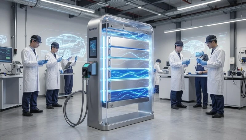 Greater Bay Technology solid-state battery innovation powering next-generation electric vehicles inside a futuristic research lab with engineers analyzing advanced energy systems.